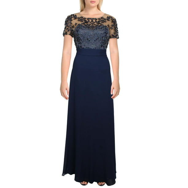 Blue Size 4 JS Collections Women's Embroidered Illusion Bodice Gown